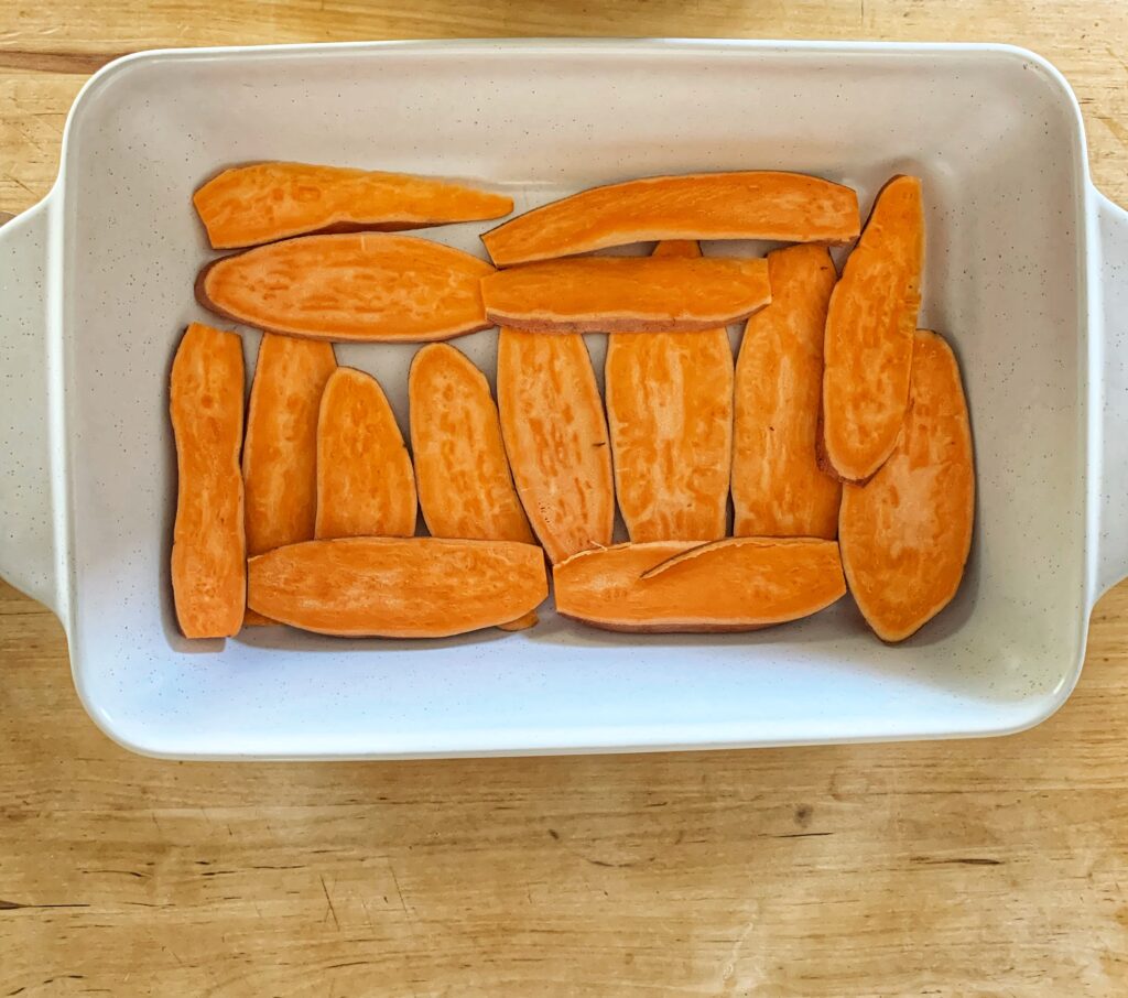 sliced sweet potato in white dish