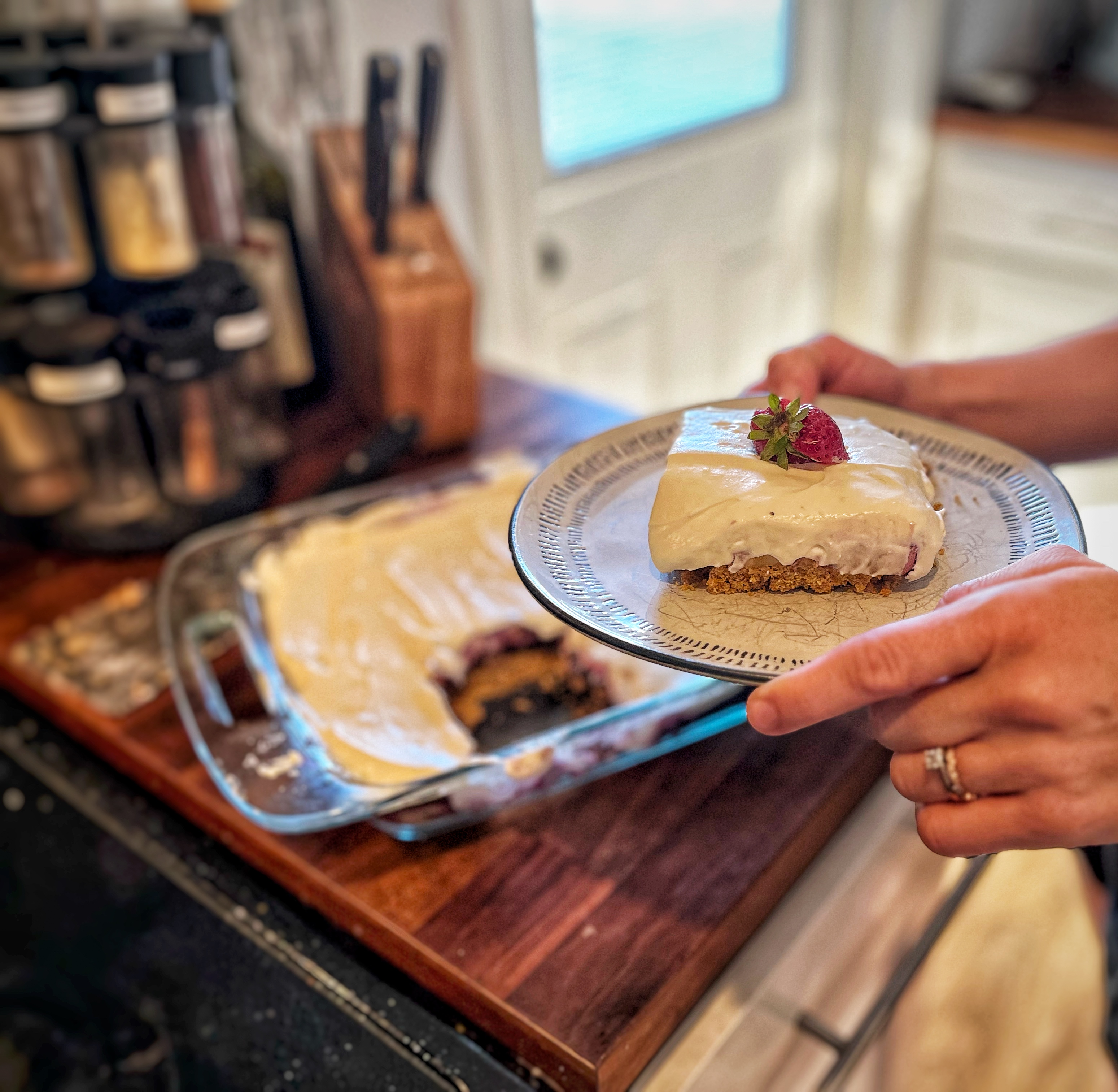 blueberry dessert being served in kitchen