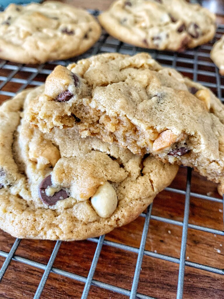 Close up of peanut butter chocolate chip cookie broken in half