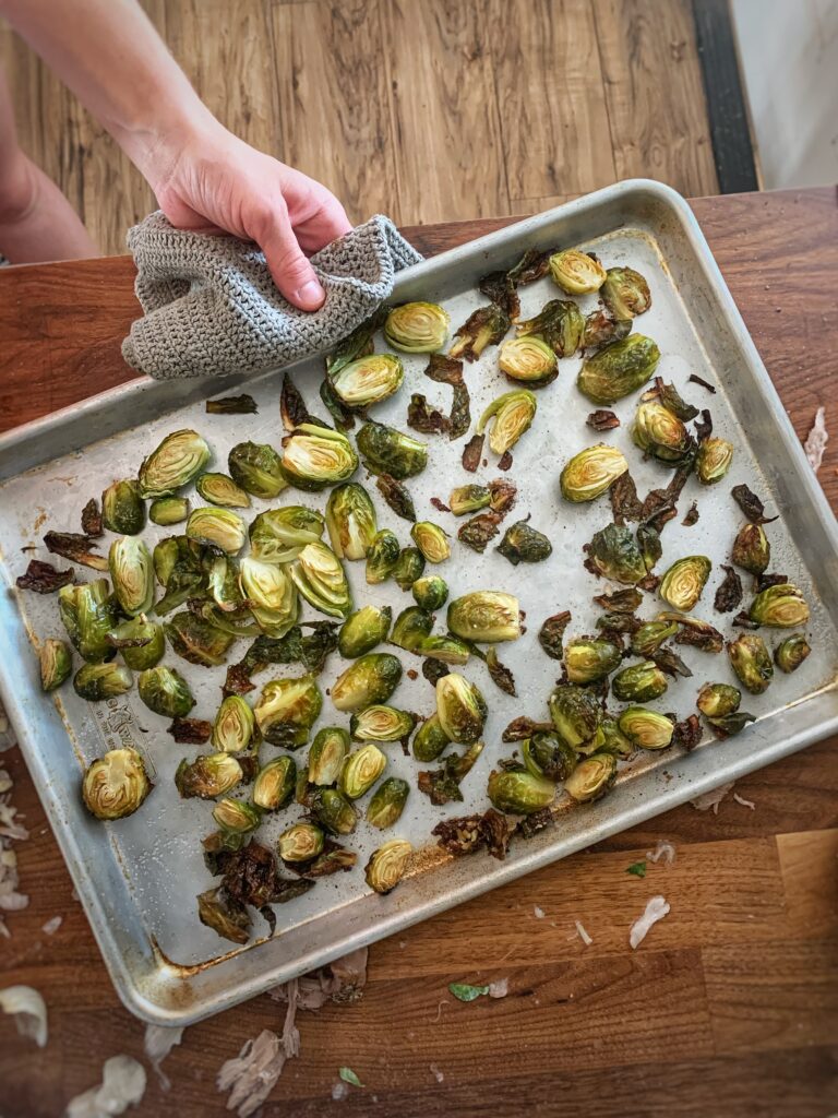 Roasted Brussels sprouts on baking sheet