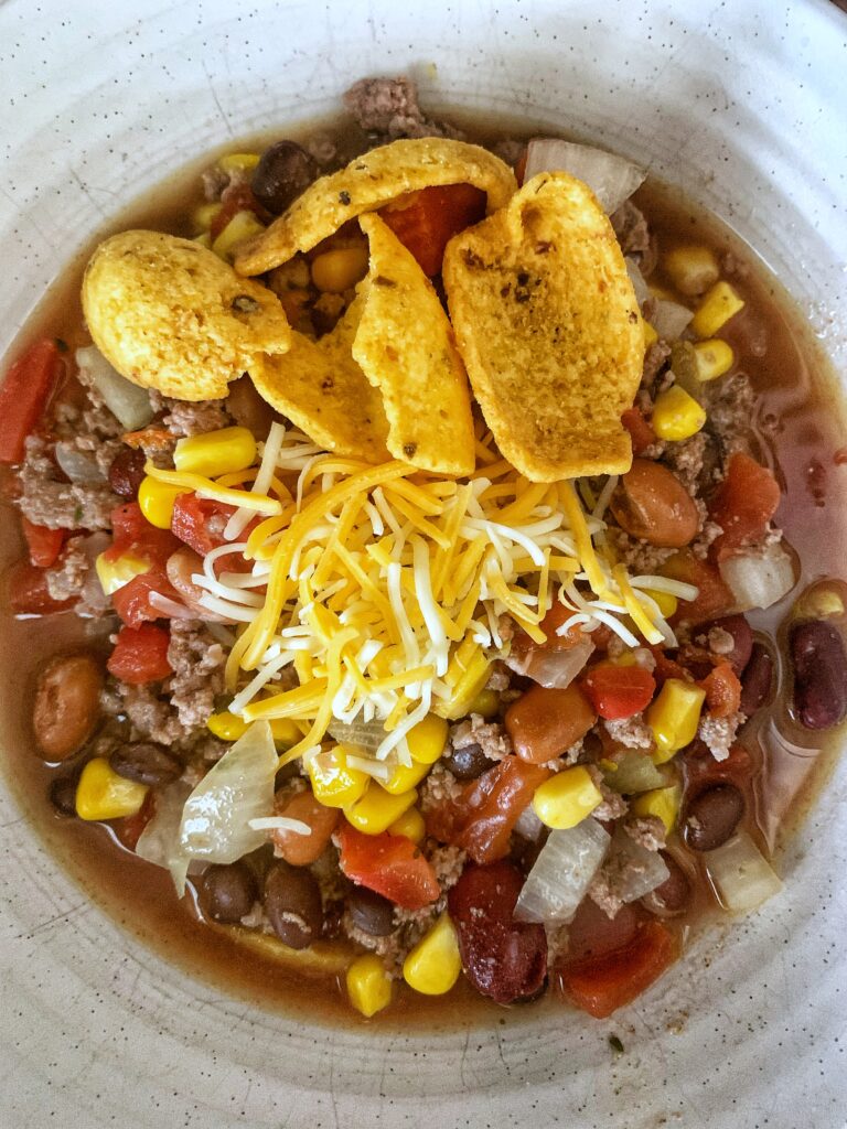 finished soup Ariel shot with cheese and Fritos