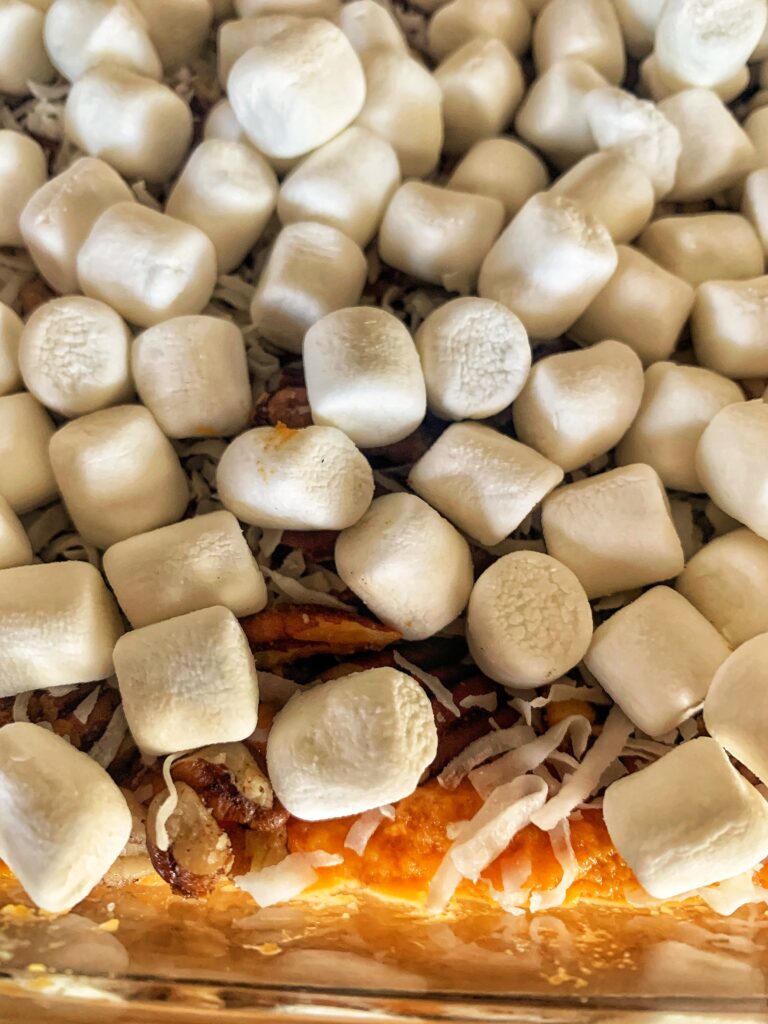 zoomed in marshmallow topping on sweet potato casserole