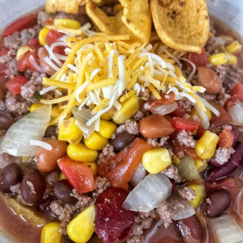 soup with cheese and Frito topping